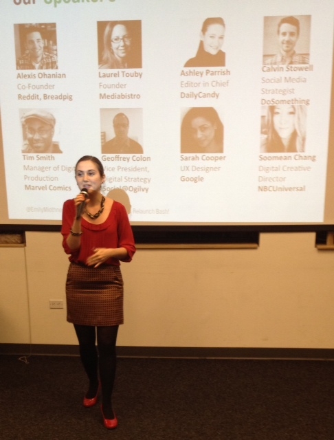 FindSpark Founder and President Emily Miethner telling the crowd how awesome we are...look at those amazing FindSpark speakers and mentors behind her!